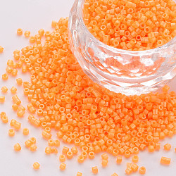 Fluorescent Color Glass Cylinder Beads, Seed Beads, Baking Paint, Round Hole, Orange, 1.5~2x1~2mm, Hole: 0.8mm, about 8000pcs/bag, about 1pound/bag(SEED-S047-P-003)