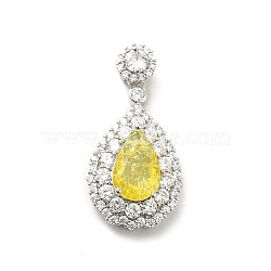 Brass Micro Pave Clear Cubic Zirconia Pendants, with Faceted Glass, Teardrop, Real Platinum Plated, Yellow, 32.5mm, Hole: 3.5x2.5mm(KK-I695-002P-04)