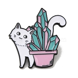 Cat & Crystal Cluster Theme Enamel Pins, Black Alloy Badge for Backpack Clothes, White, 30x29x1.5mm(JEWB-F029-03)
