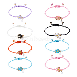 8Pcs 8 Colors Alloy Enamel Flower Link Bracelets Set, Polyester Cord Braided Adjsutable Couple Bracelets, Mixed Color, Inner Diameter: 3-1/2 inch(9cm), 1Pc/style(BJEW-FI0001-64)