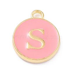 Golden Plated Alloy Enamel Charms, Enamelled Sequins, Flat Round with Alphabet, Letter.S, Pink, 14x12x2mm, Hole: 1.5mm(ENAM-Q437-14S)