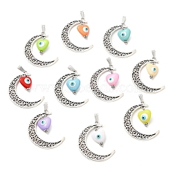 Alloy Hollow Moon Pendants, Evil Eye Resin Heart Charms, Antique Silver, Mixed Color, 41x33.5x8mm, Hole: 2.8x8mm(PALLOY-JF02128)