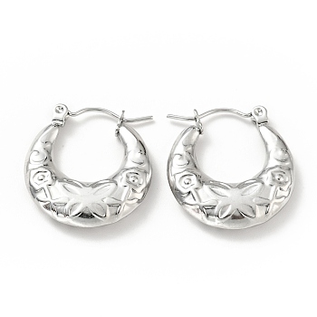 304 Stainless Steel Crescent Moon with Butterfly Hoop Earrings for Women, Stainless Steel Color, 22x20x4mm, Pin: 0.8mm