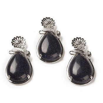 Synthetic Blue Goldstone Pendants, with Brass Findings, Flower with Teardrop, 56x28x8mm, Hole: 5x2.5mm