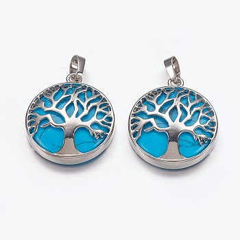 Synthetic Turquoise Pendants, with Brass Finding, Flat Round with Tree of Life, Platinum, 31x27x6mm, Hole: 5x8mm