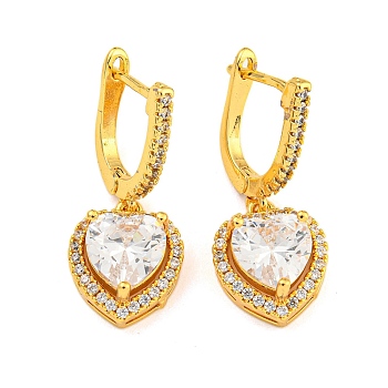 Rack Plating Brass Micro Pave Cubic Zirconia Hoop Earrings, Heart Dangle Earrings for Women, Golden, 28.5x11.5mm