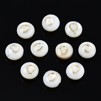 Natural Freshwater Shell Beads, with Golden Plated Brass Etched Metal Embellishments, Flat Round with Letter, Seashell Color, Letter.O, 6x4mm, Hole: 0.8mm