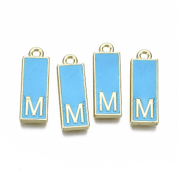 Alloy Enamel Pendants, Cadmium Free & Lead Free, Rectangle with Initial Letters, Light Gold, Letter.M, 23.5x8x2mm, Hole: 1.8mm