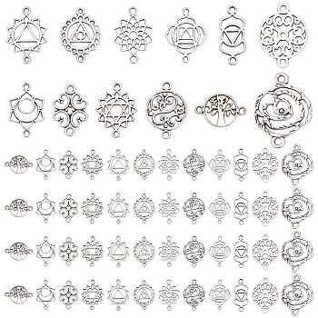 96Pcs 12 Styles Tibetan Style Alloy Hollow Connector Charms Sets, Mandala Flower & Flat Round & Chakra Links, Mixed Shapes, Antique Silver, 19.5~21.5x9.5~15x1~1.5mm, hole: 1~2mm, 8pcs/style