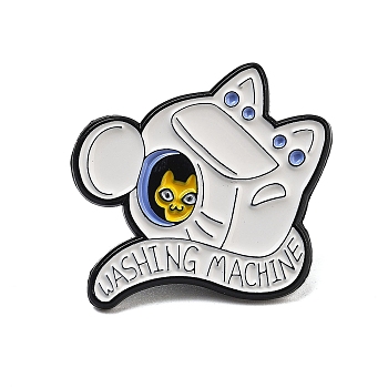 Appliance Kitten Alloy Enamel Pins, Cartoon Cat Shaped Washing Machine Brooches, White, 32x29mm