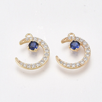 Brass Micro Pave Cubic Zirconia Charms, Nickel Free, Real 18K Gold Plated, Moon, Marine Blue, 12.5x10.5x2mm, Hole: 1mm