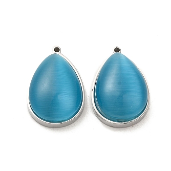 304 Stainless Steel Pendants, with Cat Eye, Teardrop, Deep Sky Blue, 22x14x7.4mm, Hole: 1.4mm