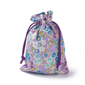 Burlap Packing Pouches, Drawstring Bags, Rectangle with Flower Pattern, Purple, 14.2~14.7x10~10.3cm