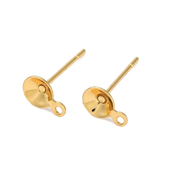 304 Stainless Steel Stud Earring Findings, Flat Round Earring Settings with Loop, Real 18K Gold Plated, 7.5x5x13.5mm, Hole: 1mm, Pin: 0.7mm