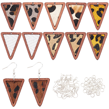 12Pcs 6 Style Eco-Friendly Cowhide Leather Pendants, with Dyed Wood, Triangle with Leopard Print, with Iron Open Jump Rings & Earring Hooks, Mixed Color, 6~35x6~27x4mm, Hole: 1.2~2mm, 2pcs/style