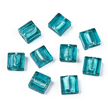 Handmade Silver Foil Lampwork Beads, Square, Teal, 12x12x6mm