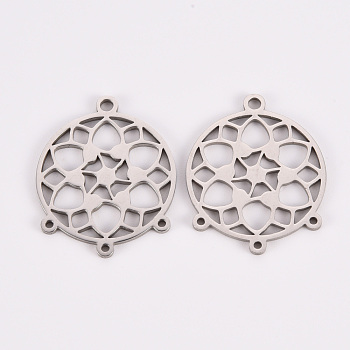304 Stainless Steel Chandelier Component Links, Laser Cut, Flat Round with Flower, Stainless Steel Color, 24.5x20x1mm, Hole: 1.8mm and 1mm