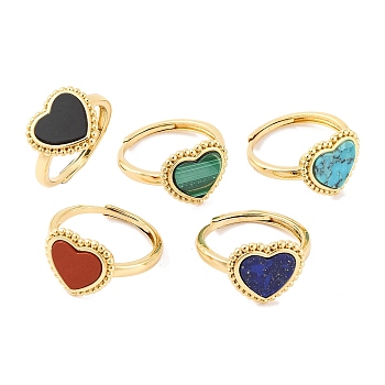 Heart Natural Gemstone Adjustable Rings, Brass Ring for Women, Long-Lasting Plated, Lead Free & Cadmium Free, Golden, Inner Diameter: 18mm