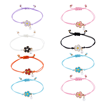 8Pcs 8 Colors Alloy Enamel Flower Link Bracelets Set, Polyester Cord Braided Adjsutable Couple Bracelets, Mixed Color, Inner Diameter: 3-1/2 inch(9cm), 1Pc/style