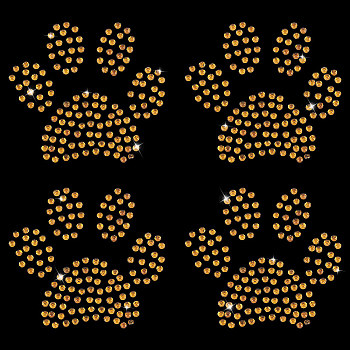 Paw Print Hotfix Glass Rhinestone, Iron on Patches Applique, For Shoes, Gartment and Bags Decoration, Goldenrod, 48x51x1mm