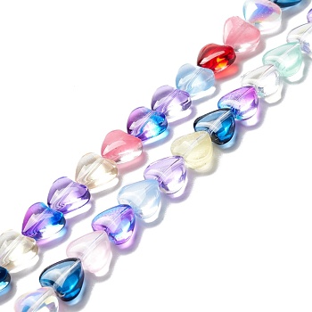 Transparent Glass Beads Strand, Heart, Colorful, 7.5~8.5x8~8.5x4~4.5mm, Hole: 1mm, about 44~45pcs/strand, 12.56~12.87 inch(31.9~32.7cm)