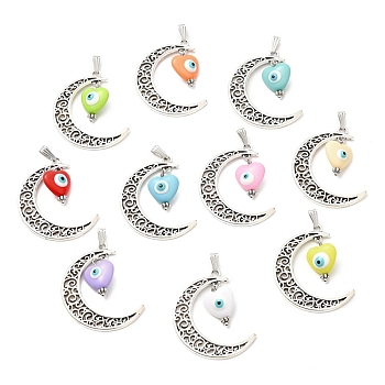 Alloy Hollow Moon Pendants, Evil Eye Resin Heart Charms, Antique Silver, Mixed Color, 41x33.5x8mm, Hole: 2.8x8mm