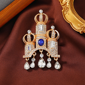 Vintage Castle Alloy Rhinestone Brooches for Backpack Clothes, Crystal, 83x50mm