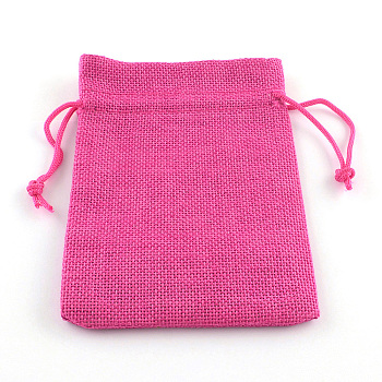 Polyester Imitation Burlap Packing Pouches Drawstring Bags, Deep Pink, 18x13cm