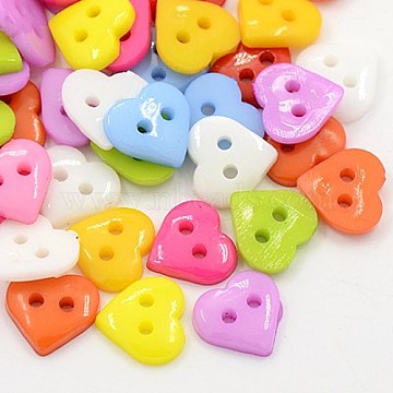 Acrylic Sewing Buttons for Costume Design, Heart Buttons, 2-Hole, Dyed, Mixed Color, 10x10x2mm, Hole: 1mm(X-BUTT-E085-C-M)