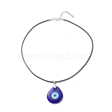 Blue Lampwork Evil Eye Pendant Necklace with Waxed Cord for Women(NJEW-JN03955-01)-4