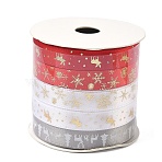 10M  5 Colors Hot Stamping Christmas Polyester Ribbons Set, for Gift Wrapping, Mixed Color, 3/8 inch(9.5mm), about 10.94 Yards(10m)/Roll(OCOR-XCP0002-03)