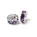 Brass with Cubic Zirconia European Beads, Rondelle Wheel Spacer Beads, Silver, Lilac, 11x4mm, Hole: 5mm(ZIRC-L041-18D-S)