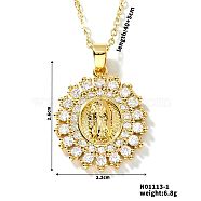 Brass Cubic Zirconia Flat Round Design Virgin Mary Pendant Exquisite Necklaces, Golden, Clear, 15.75 inch(40cm)(HH6132-1)