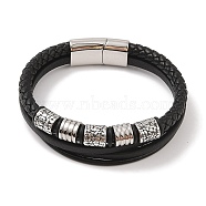 Braided Microfiber Leather Multi-strand Bracelets, 304 Stainless Steel Column Bracelets for Men, Black, 8-5/8 inch(22cm)(BJEW-B096-07B)