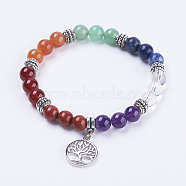 Natural Gemstone Stretch Bracelets, with Alloy Findings and Brass Pendants, Flat Round with Tree of Life, Antique Silver, 55mm(BJEW-F308-21AS)