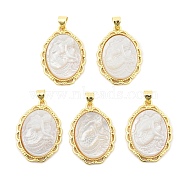 Natural White Shell Carved Mermaid Pendants, Brass Oval Charms, Golden, 27x19.5x2.5~3.5mm, Hole: 4x3.5mm(KK-S506-03C-G)