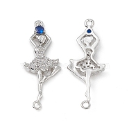 Brass Micro Pave Clear Cubic Zirconia Connetor Charms, with Blue Glass, Dancer Links, Platinum, 33x12.5x3mm, Hole: 1.6mm(KK-E068-VB036)