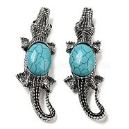 Dual-use Items Alloy Crocodile Brooch, with Synthetic Turquoise, Antique Silver, 67.5x24x10mm, hole: 4x3.5mm(JEWB-C026-01C-AS)