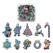 20Pcs 10 Style Rainbow Color Alloy Pendants, Cadmium Free & Nickel Free & Lead Free, Father Christmas, Glove, Garland, Christmas Reindeer/Stag & Trees & Candy Cane & Snowflake & Bell & Stocking & Snowman, 16~27x9~17.5x2~4mm, Hole: 1.4~2mm, 2pcs/style(FIND-LS0001-13MC)