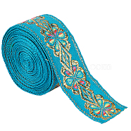 Flat Ethnic Style Embroidery Polyester Ribbons, Jacquard Ribbon, Garment Accessories, Single Face Floral Pattern, Turquoise, 1-3/4 inch(45mm), about 7.66 Yards(7m)/Roll(OCOR-WH0067-86B)