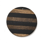 Opaque Resin & Walnut Wood Pendants, Striped Flat Round Charm, Black, 38.5x2.5mm, Hole: 2mm(WOOD-F012-01)