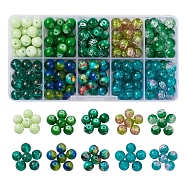 10 Style Spray Painted & Drawbench Transparent & Baking Painted Glass Beads, Round, Green, 8~8.5mm, Hole: 1.3~1.6mm, 208~228pcs/box(GLAA-YW0001-26E)