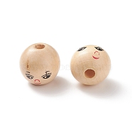 (Defective Closeout Sale: Printed Crooked and Crack) Printed Natural Wood European Beads, Large Hole Bead, Round with Smiling Face, BurlyWood, 21x20mm, Hole: 5.5mm(WOOD-XCP0001-70)