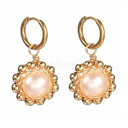 Natural Freshwater Pearl Hoop Earrings for Women, Copper Wire Wrapped Flower Charm Dangle Earrings, with Brass Beads, White, 37mm, Pin: 1mm(EJEW-JE04621)
