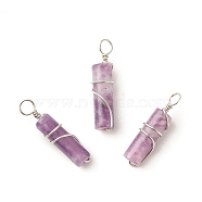Natural Lilac Jade Pendants, with Platinum Plated Eco-Friendly Brass Wire Wrapped, Column, 19.5~20x5~5.5mm, Hole: 2.4~2.7mm(PALLOY-JF01575-10)