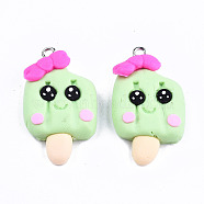 Handmade Polymer Clay Charms, with Platinum Tone Iron Findings, Ice Cream, Pale Green, 32~33.5x19~20x7mm, Hole: 2mm(CLAY-T016-63B)