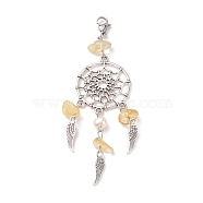 Natural Citrine Chip Pendant Decoration, Alloy Woven Net/Web with Wing Hanging Ornament, with Natural Cultured Freshwater Pearl, 304 Stainless Steel Lobster Claw Clasps, 98~100mm(HJEW-JM00719-07)