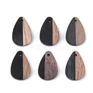 Resin & Wood Pendants, teardrop, Black, 21.5x14.5x3.5mm, Hole: 1.8mm(X-RESI-S358-14)