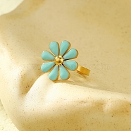 304 Stainless Steel Enamel Stud Rings for Women, Flower, Pale Turquoise, Adjustable, Flower: 18x18mm(RJEW-U023-01G-01)