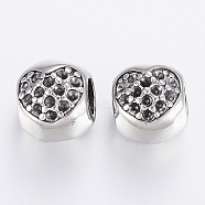 304 Stainless Steel Beads Rhinestone Setting, Large Hole Beads, Round with Heart, Antique Silver, 11x10x10.5mm, Hole: 5mm, Fit for 1mm rhinestone(STAS-P193-022AS)